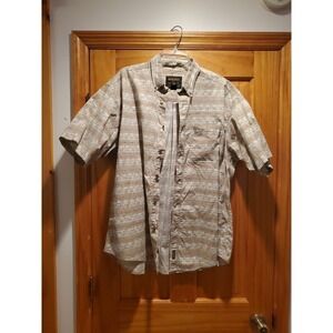 Vintage WOOLRICH SHORT SLEEVE BUTTON DOWN STONE HORIZONTAL FISH SHIRT MENS XL